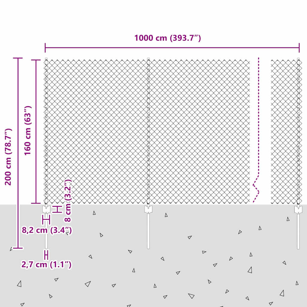 Kæde-link hegn med stolpe 10 x 1,6 m Galvaniseret stål Sølv