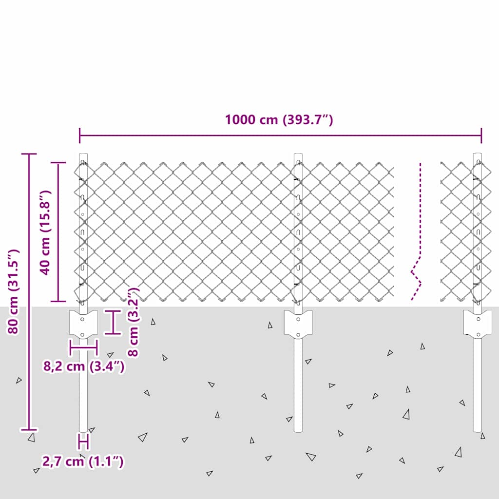 Kæde-link hegn med stolpe 25 x 0,4 m Galvaniseret stål Sølv