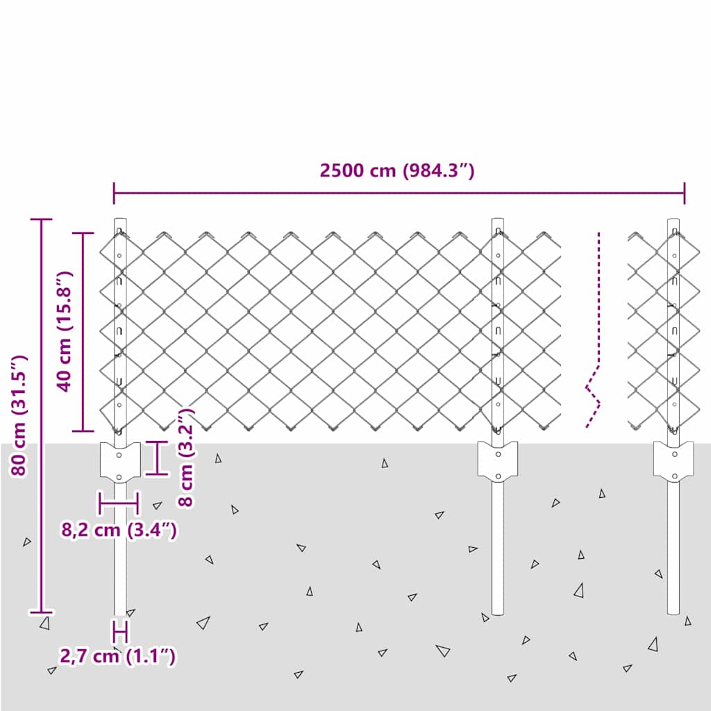 Kæde-link hegn med stolpe 25 x 0,4 m Galvaniseret stål Sølv