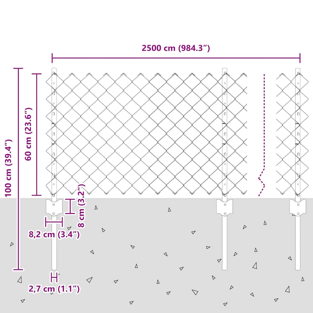 Kæde-link hegn med stolpe 25 x 0,6 m Galvaniseret stål Sølv