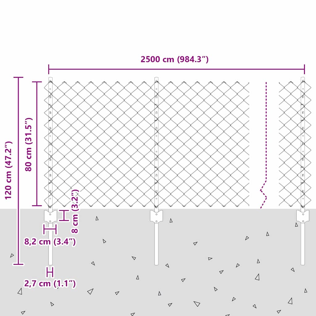 Kæde-link hegn med stolpe 25 x 0,8 m Galvaniseret stål Sølv