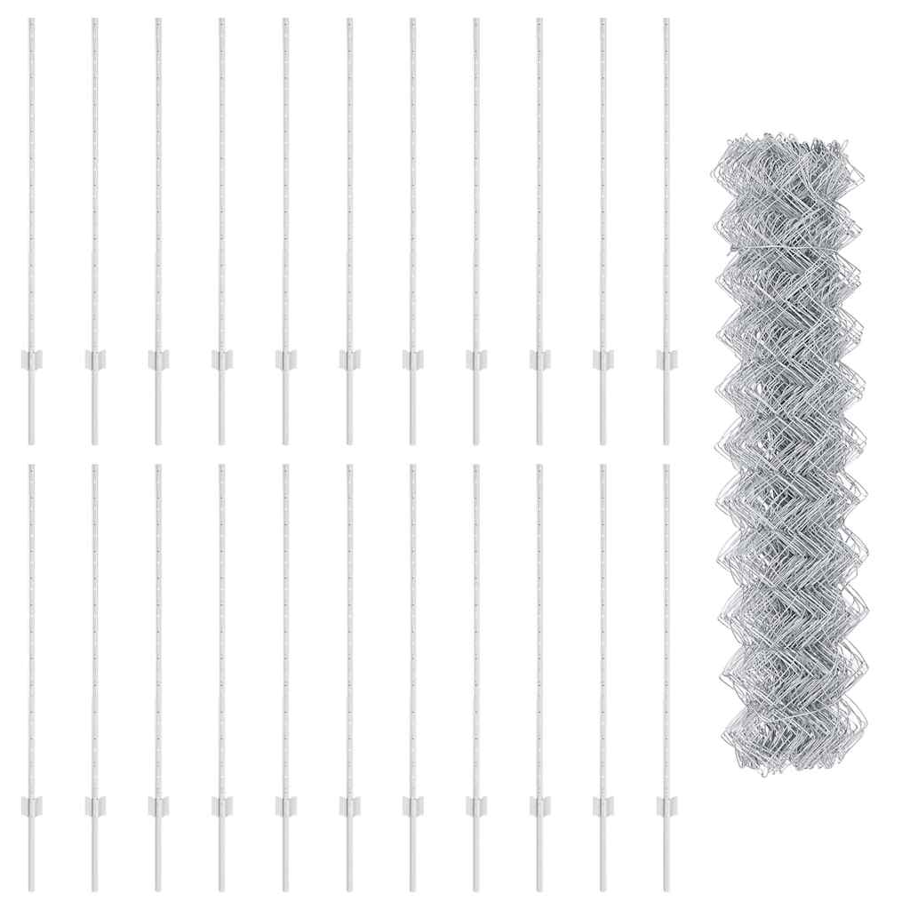 Kæde-link hegn med stolpe 25 x 1,2 m Galvaniseret stål Sølv