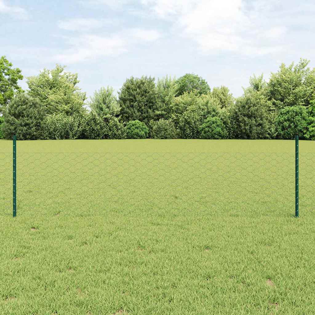 Sekskantet hegn med stolpe 25 x 0,5 m PVC-belagt stål Grøn Mesh