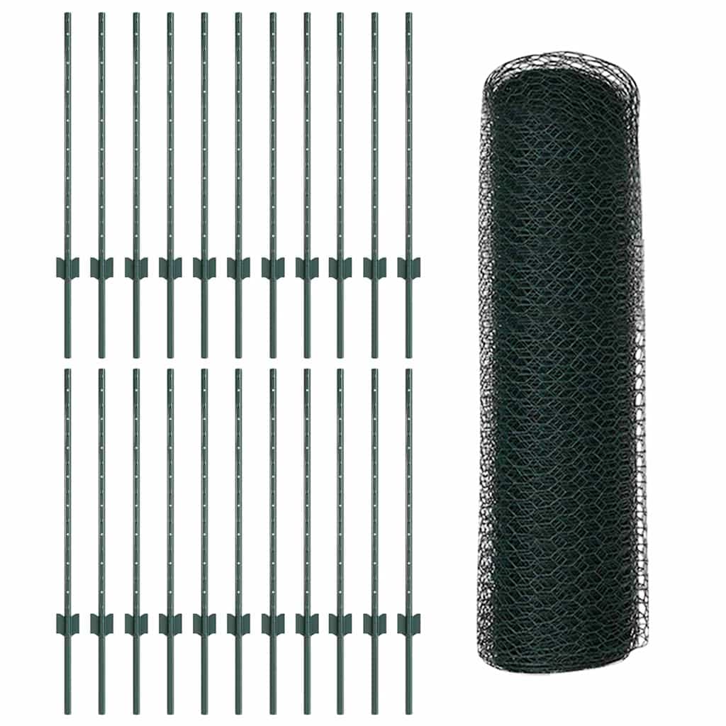 Sekskantet hegn med stolpe 50 x 0,8 m PVC-belagt stål Grøn Mesh