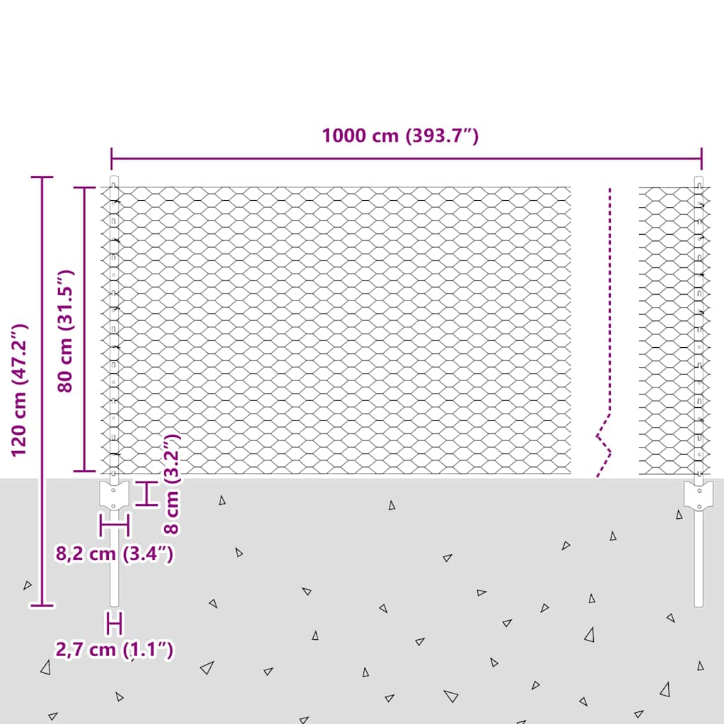 Sekskantet hegn med stolpe 10 x 0,8 m PVC-belagt stål Grå Mesh