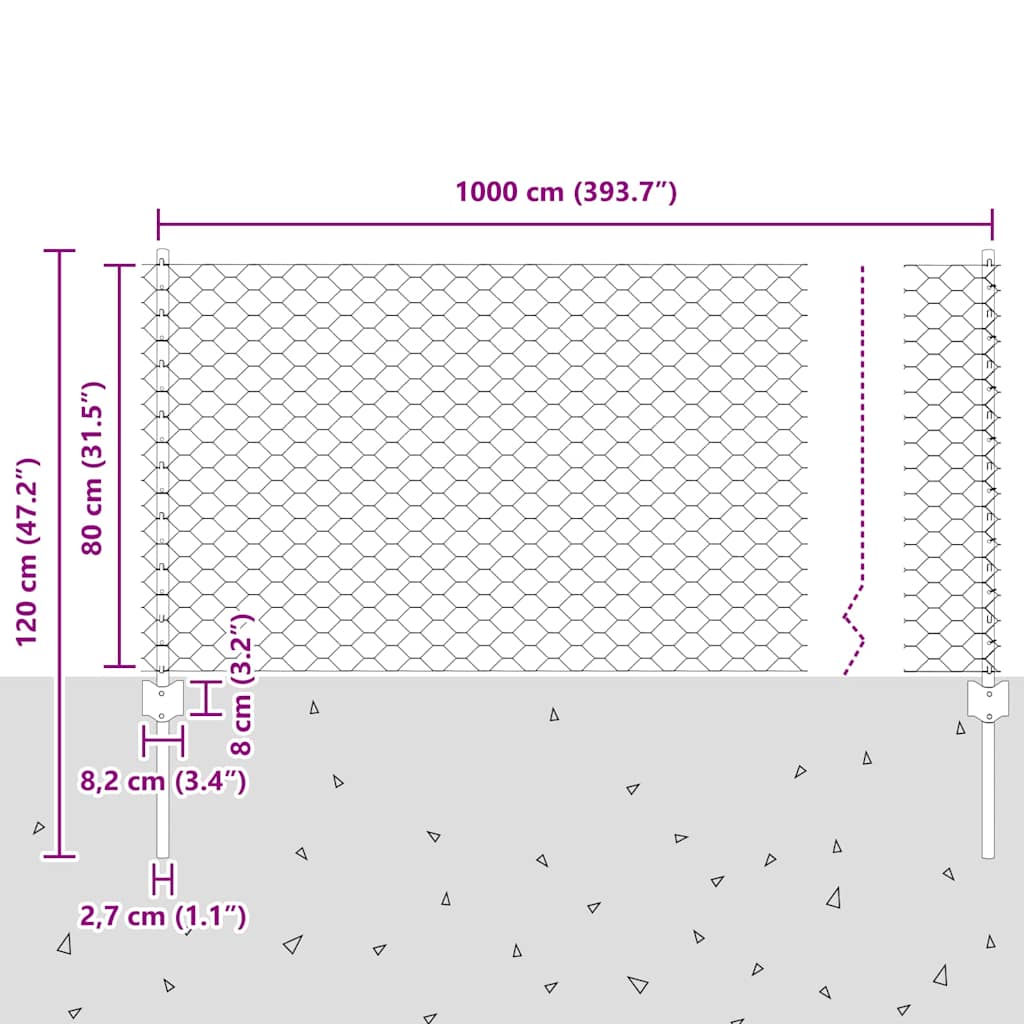 Sekskantet hegn med stolpe 10 x 0,8 m PVC-belagt stål Grå Mesh