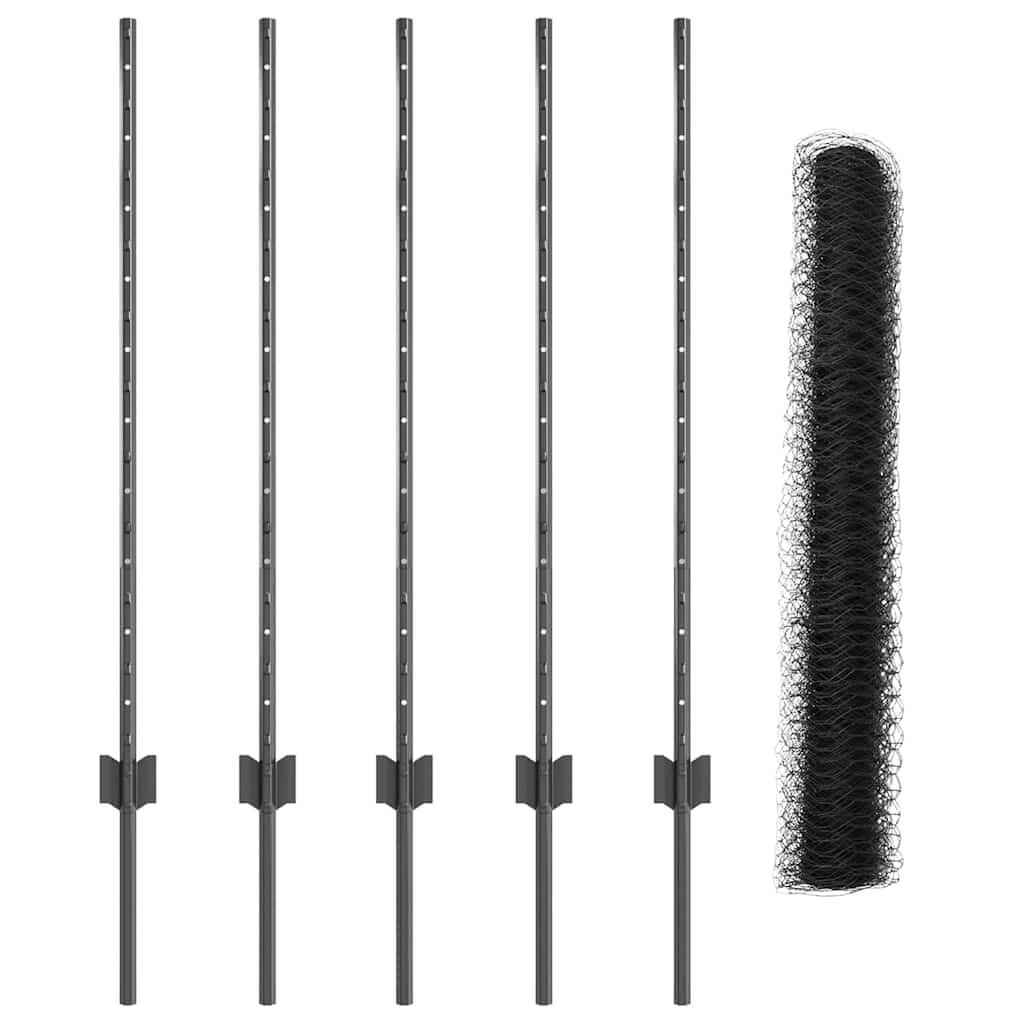 Sekskantet hegn med stolpe 10 x 1 m PVC-belagt stål Grå Mesh