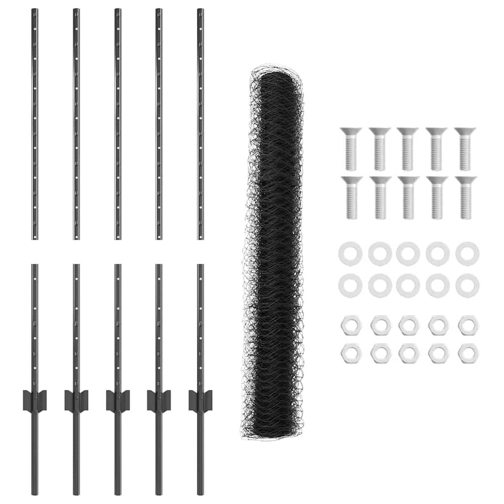 Sekskantet hegn med stolpe 10 x 1 m PVC-belagt stål Grå Mesh