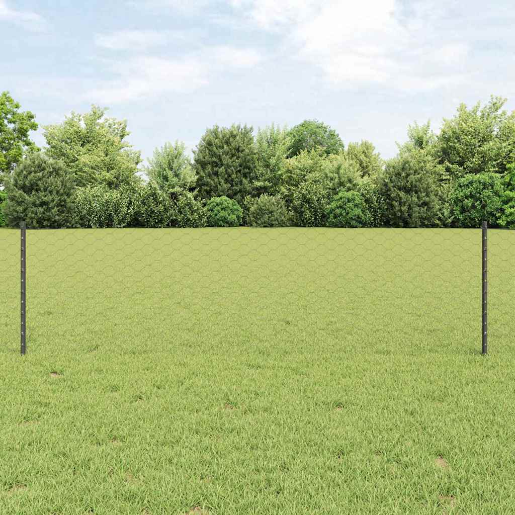 Sekskantet hegn med stolpe 25 x 0,6 m PVC-belagt stål Grå Mesh