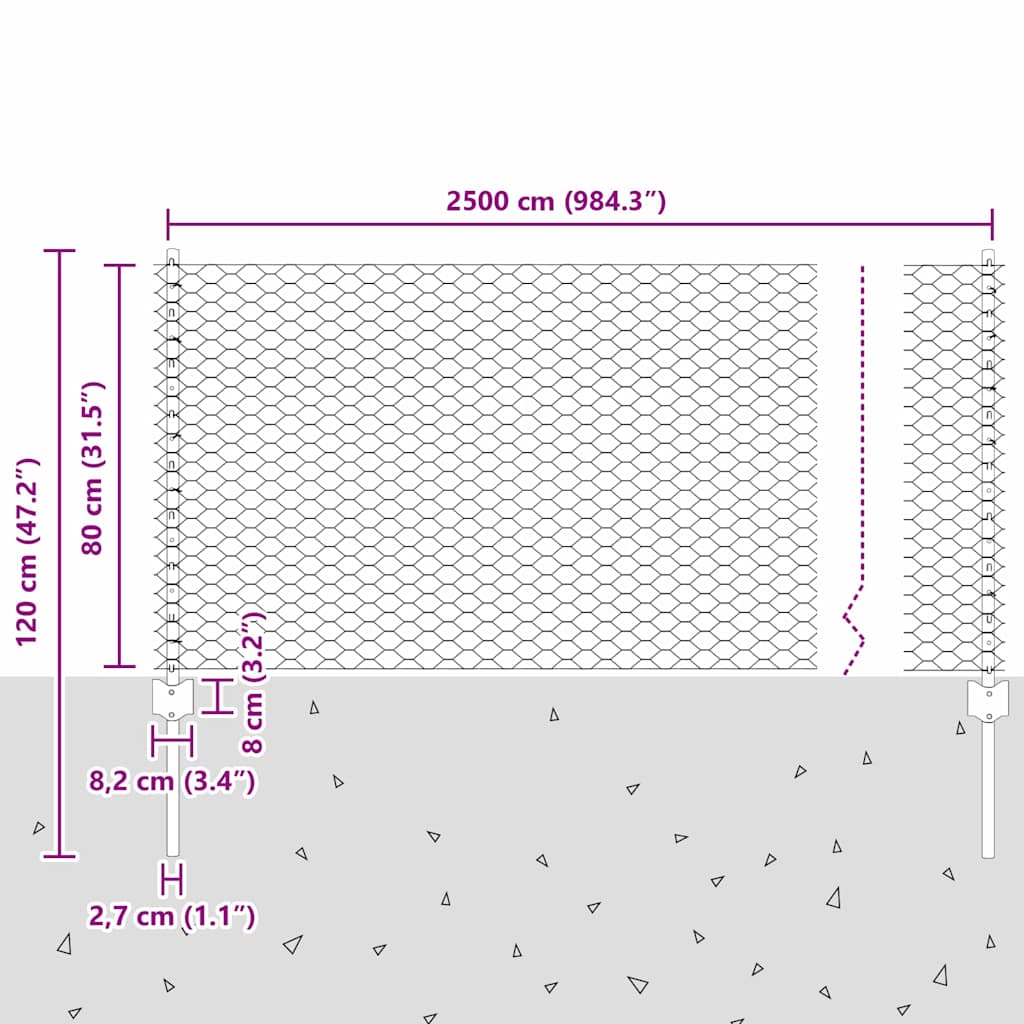 Sekskantet hegn med stolpe 25 x 0,8 m PVC-belagt stål Grå Mesh
