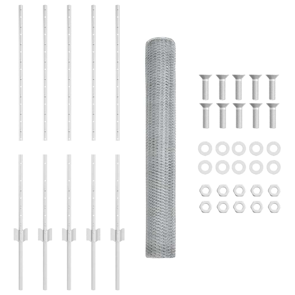 Sekskantet hegn med stolpe 10 x 1 m Galvaniseret stål Sølv Mesh