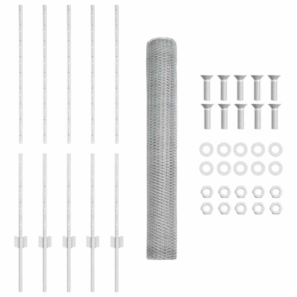 Sekskantet hegn med stolpe 10 x 1,2 m Galvaniseret stål Sølv