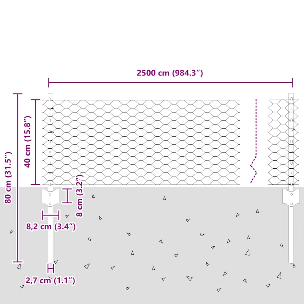 Sekskantet hegn med stolpe 25 x 0,4 m Galvaniseret stål Sølv