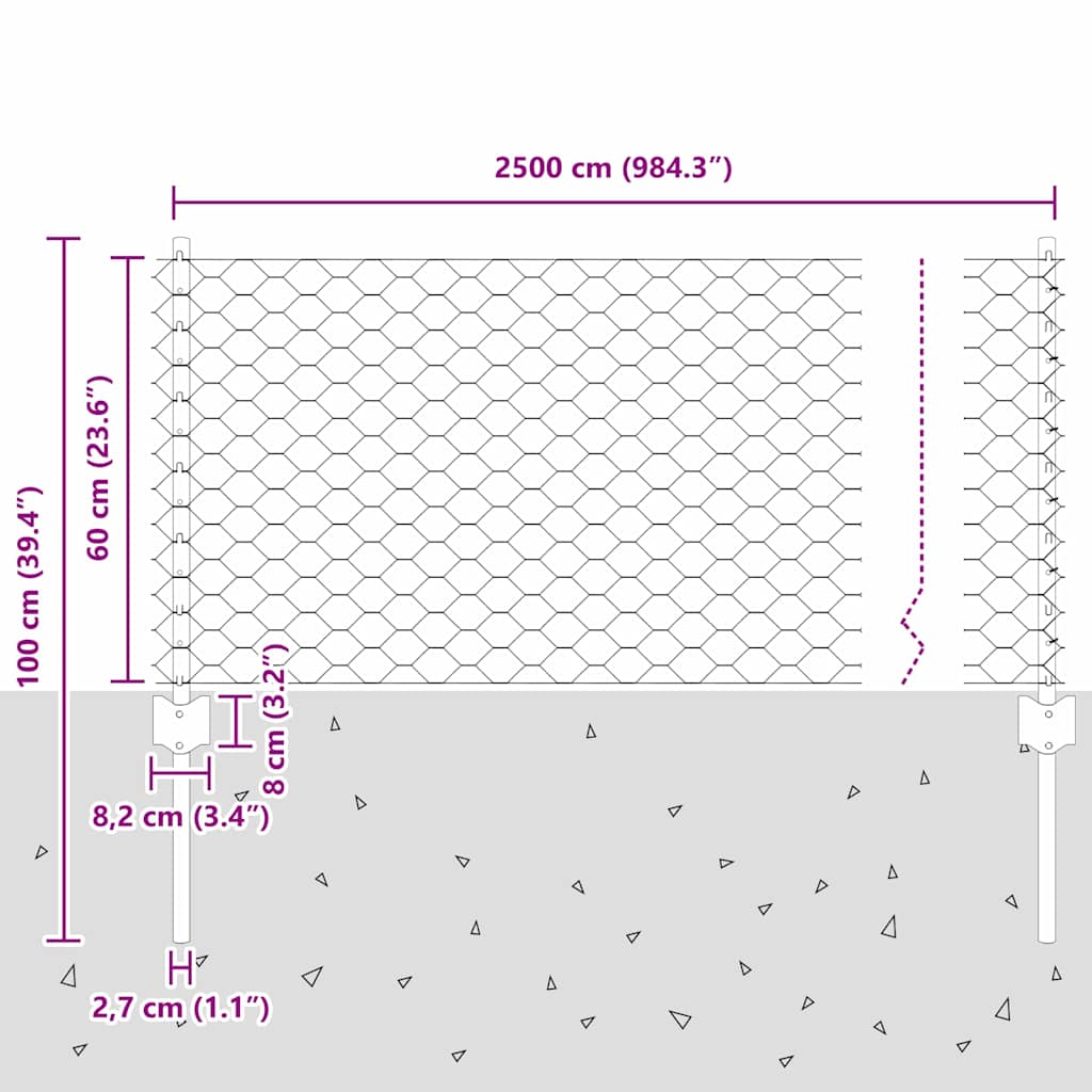 Sekskantet hegn med stolpe 25 x 0,6 m Galvaniseret stål Sølv