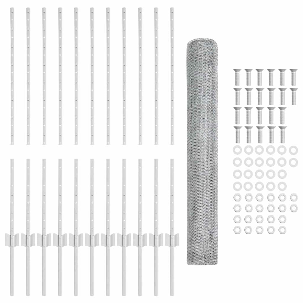 Sekskantet hegn med stolpe 25 x 1 m Galvaniseret stål Sølv Mesh