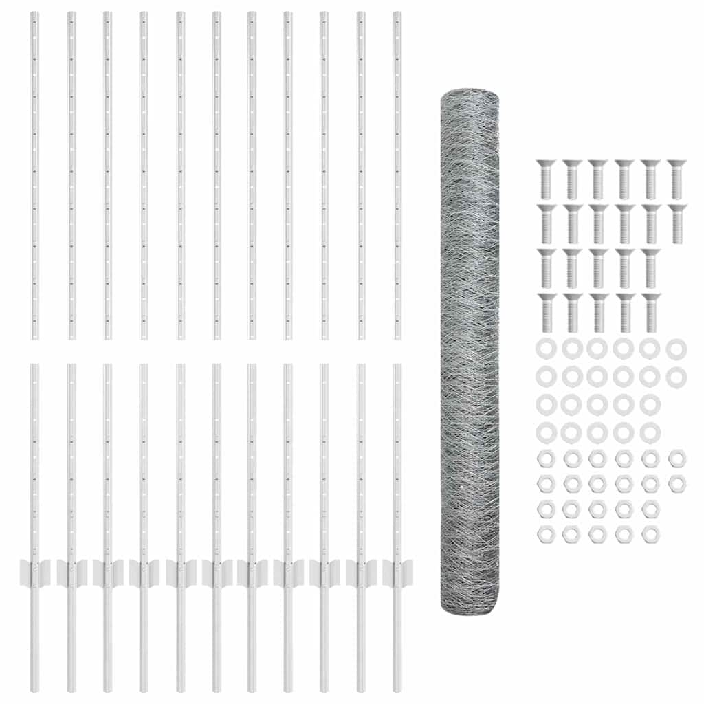 Sekskantet hegn med stolpe 25 x 1,2 m Galvaniseret stål Sølv