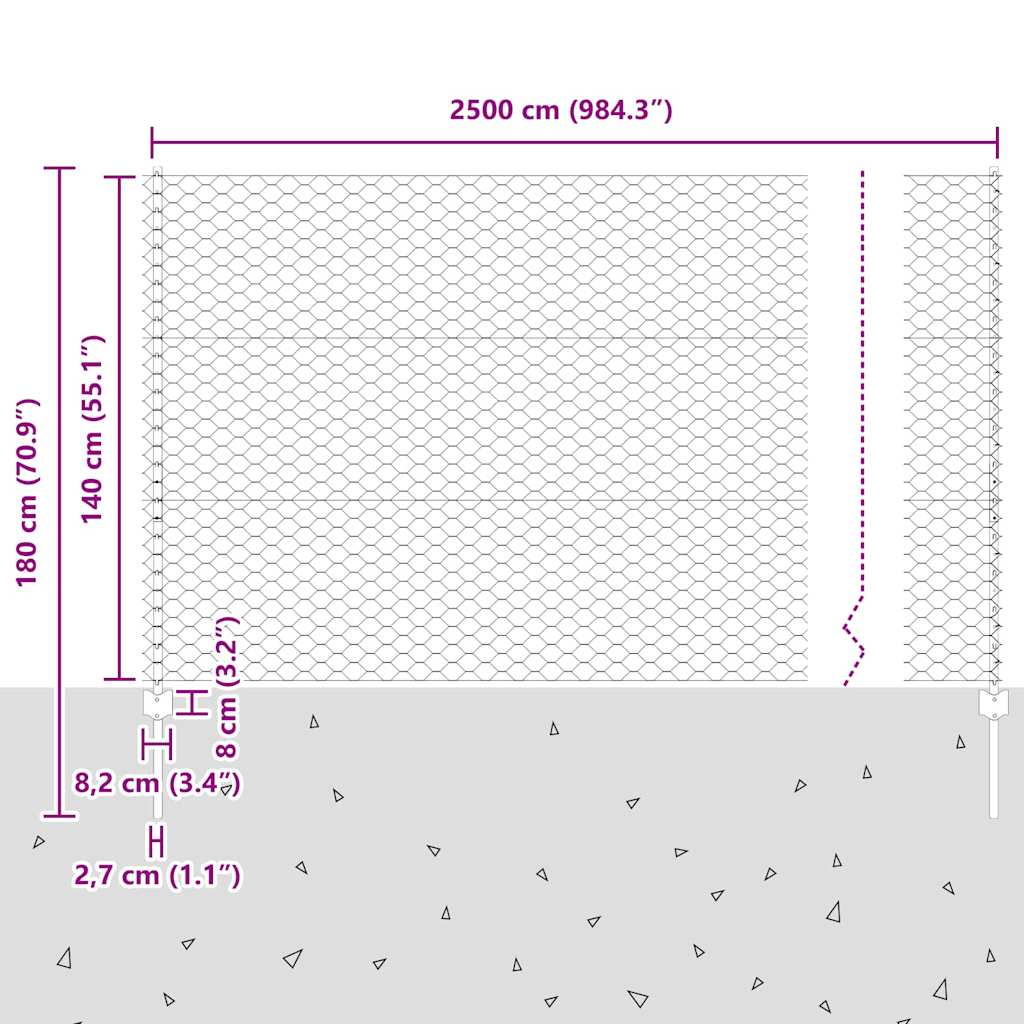 Sekskantet hegn med stolpe 25 x 1,4 m Galvaniseret stål Sølv