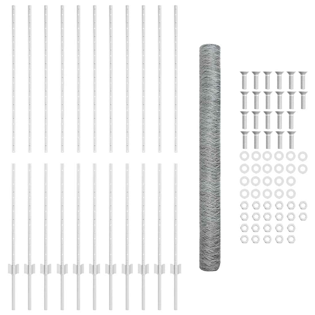 Sekskantet hegn med stolpe 25 x 1,6 m Galvaniseret stål Sølv