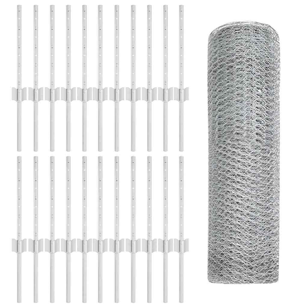 Sekskantet hegn med stolpe 50 x 0,4 m Galvaniseret stål Sølv