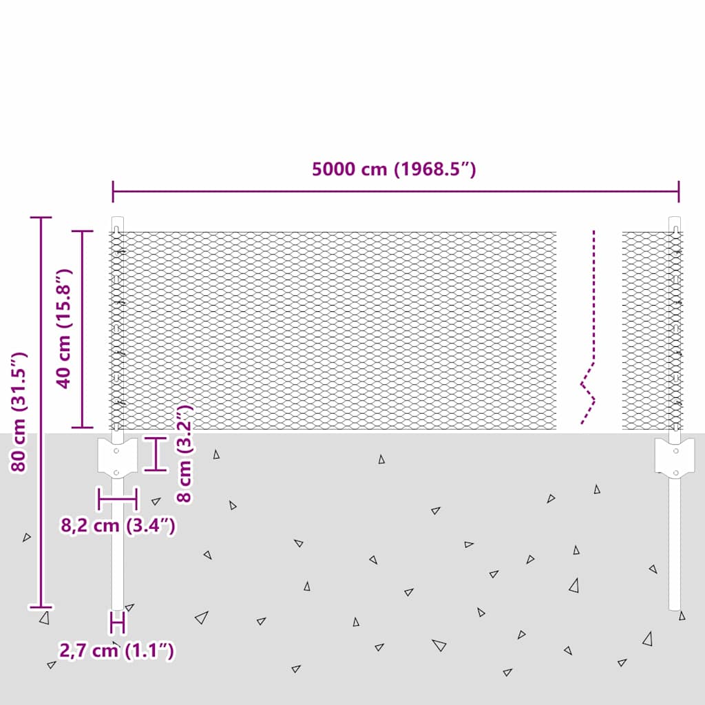 Sekskantet hegn med stolpe 50 x 0,4 m Galvaniseret stål Sølv