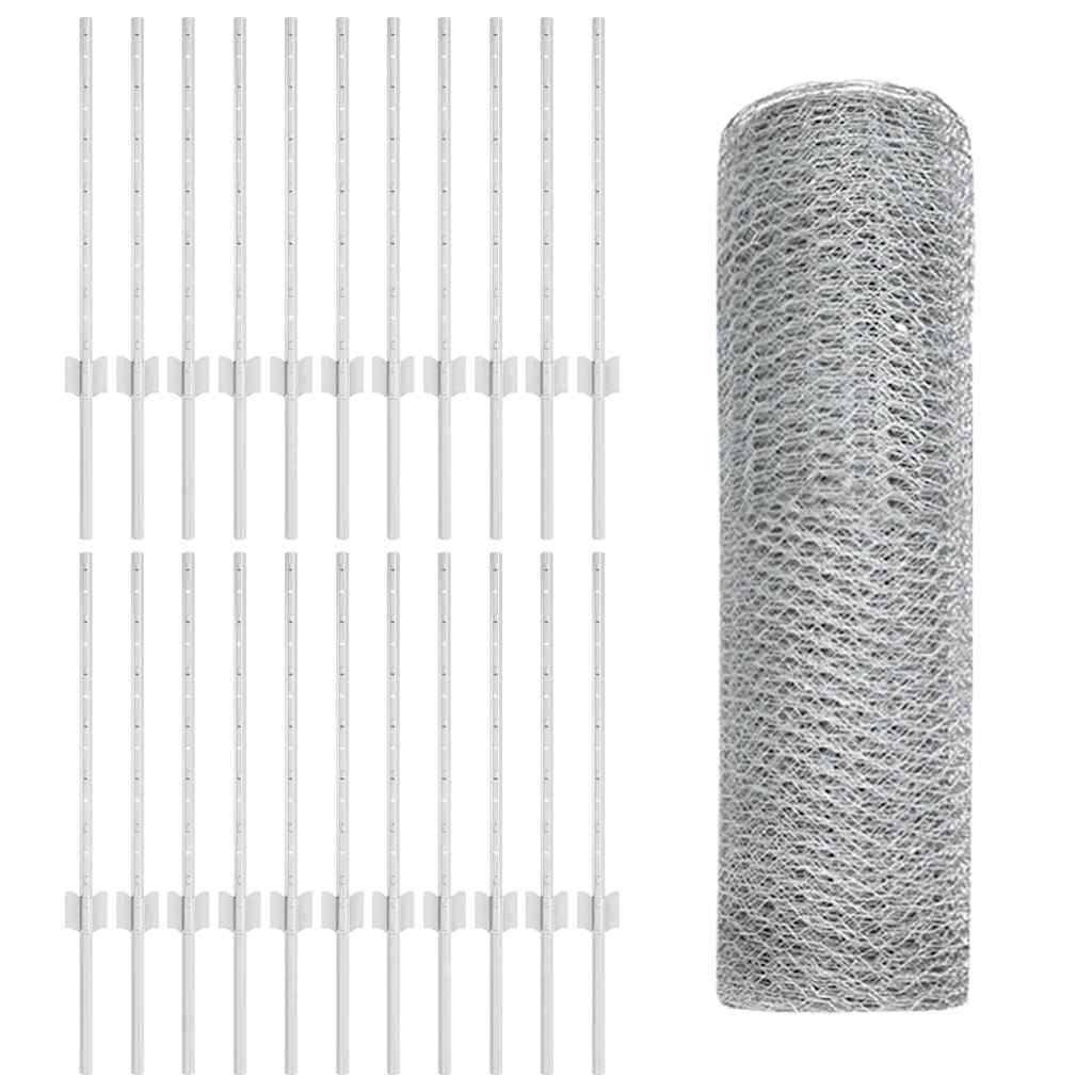 Sekskantet hegn med stolpe 50 x 0,6 m Galvaniseret stål Sølv