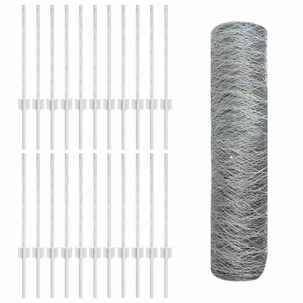 Sekskantet hegn med stolpe 50 x 0,6 m Galvaniseret stål Sølv