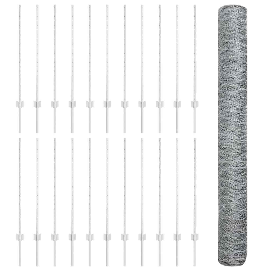 Sekskantet hegn med stolpe 50 x 1 m Galvaniseret stål Sølv Mesh