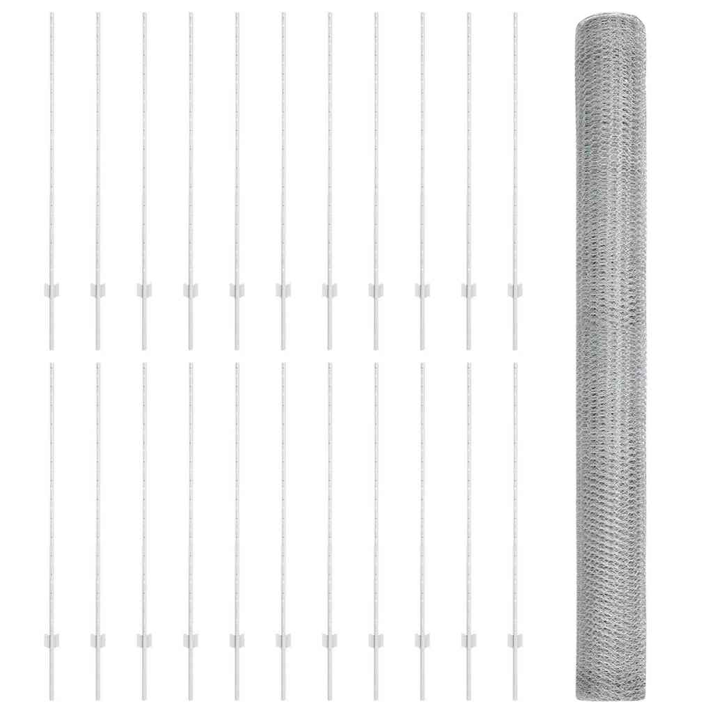 Sekskantet hegn med stolpe 50 x 1,4 m Galvaniseret stål Sølv