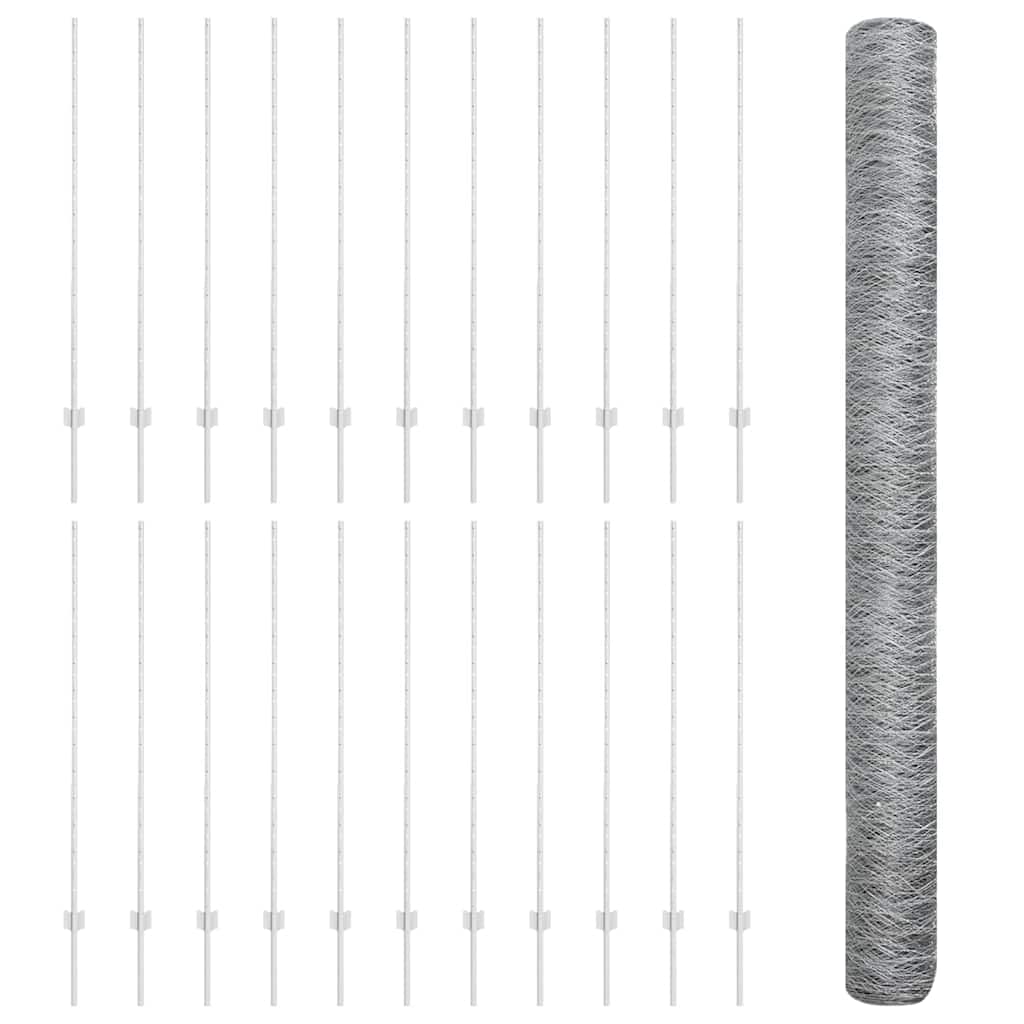Sekskantet hegn med stolpe 50 x 1,4 m Galvaniseret stål Sølv