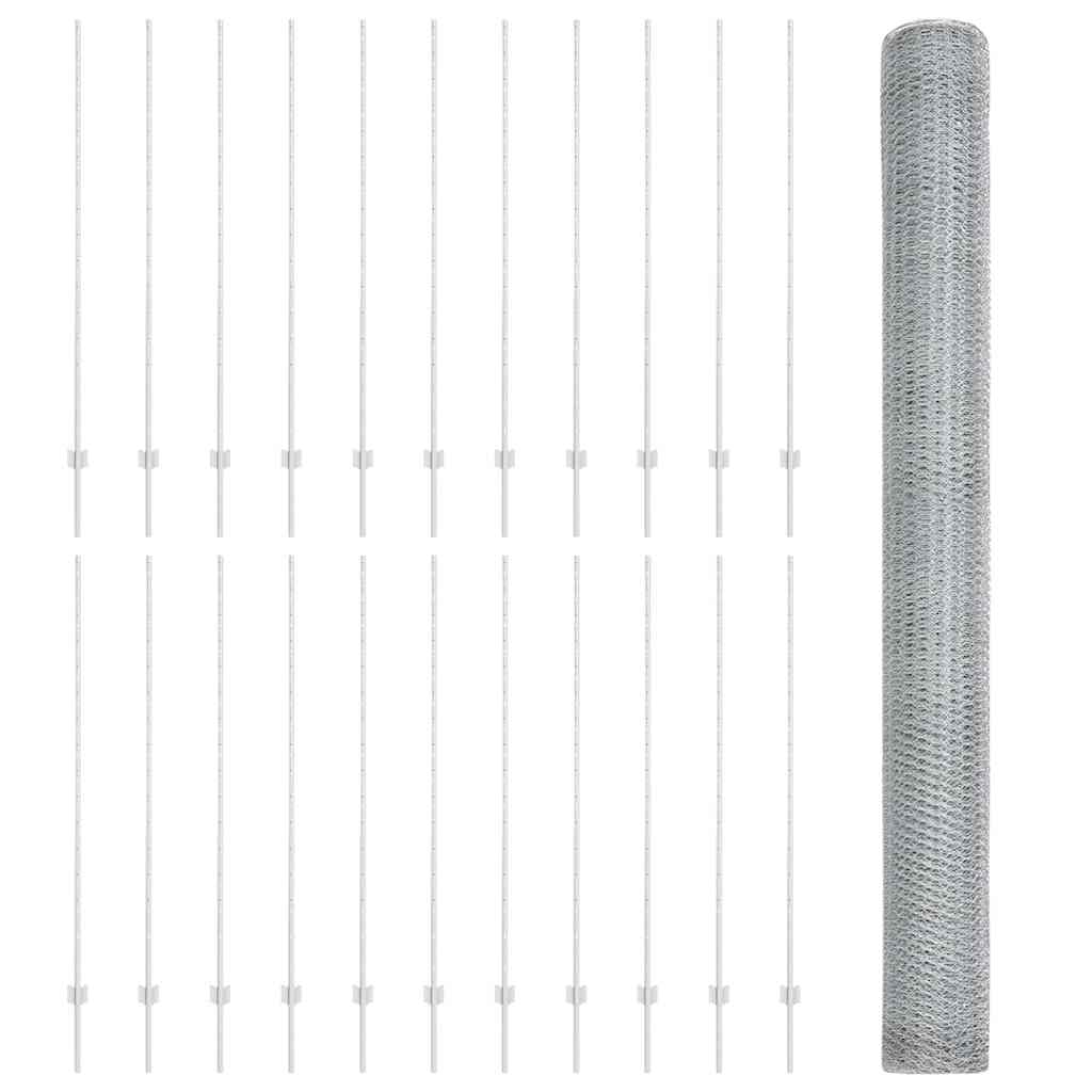 Sekskantet hegn med stolpe 50 x 1,6 m Galvaniseret stål Sølv