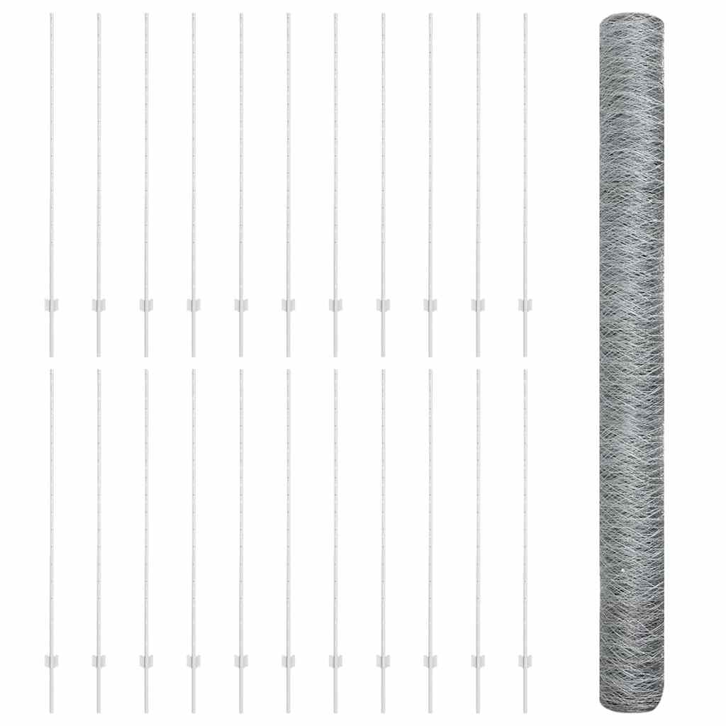 Sekskantet hegn med stolpe 50 x 1,6 m Galvaniseret stål Sølv