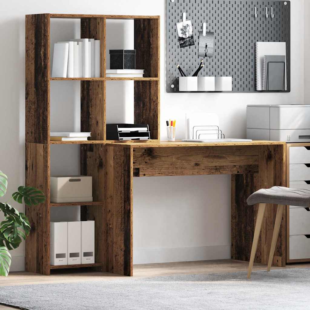 Skrivebord med hylder - gammelt træ look, 138,5 × 55 × 143 cm - konstrueret træ