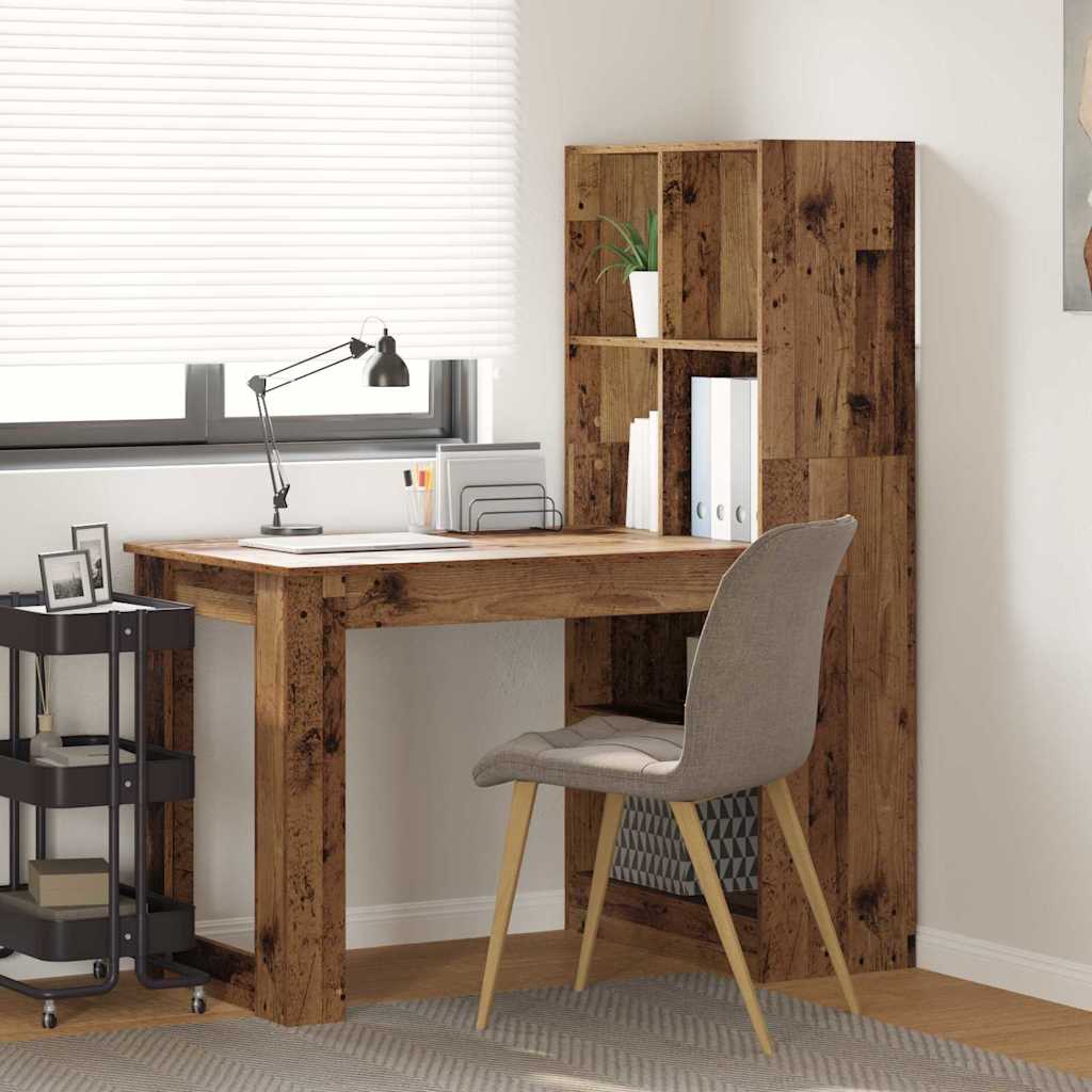 Skrivebord med hylder - gammelt træ look, 122 × 67 × 145 cm, konstrueret træ