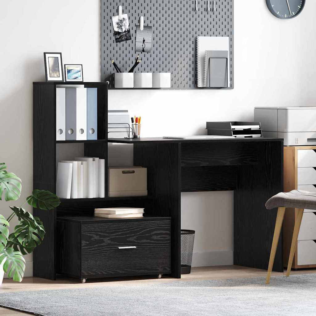Skrivebord med skuffe og hylder - sort eg, 131,5 × 50 × 106,5 cm, konstrueret træ