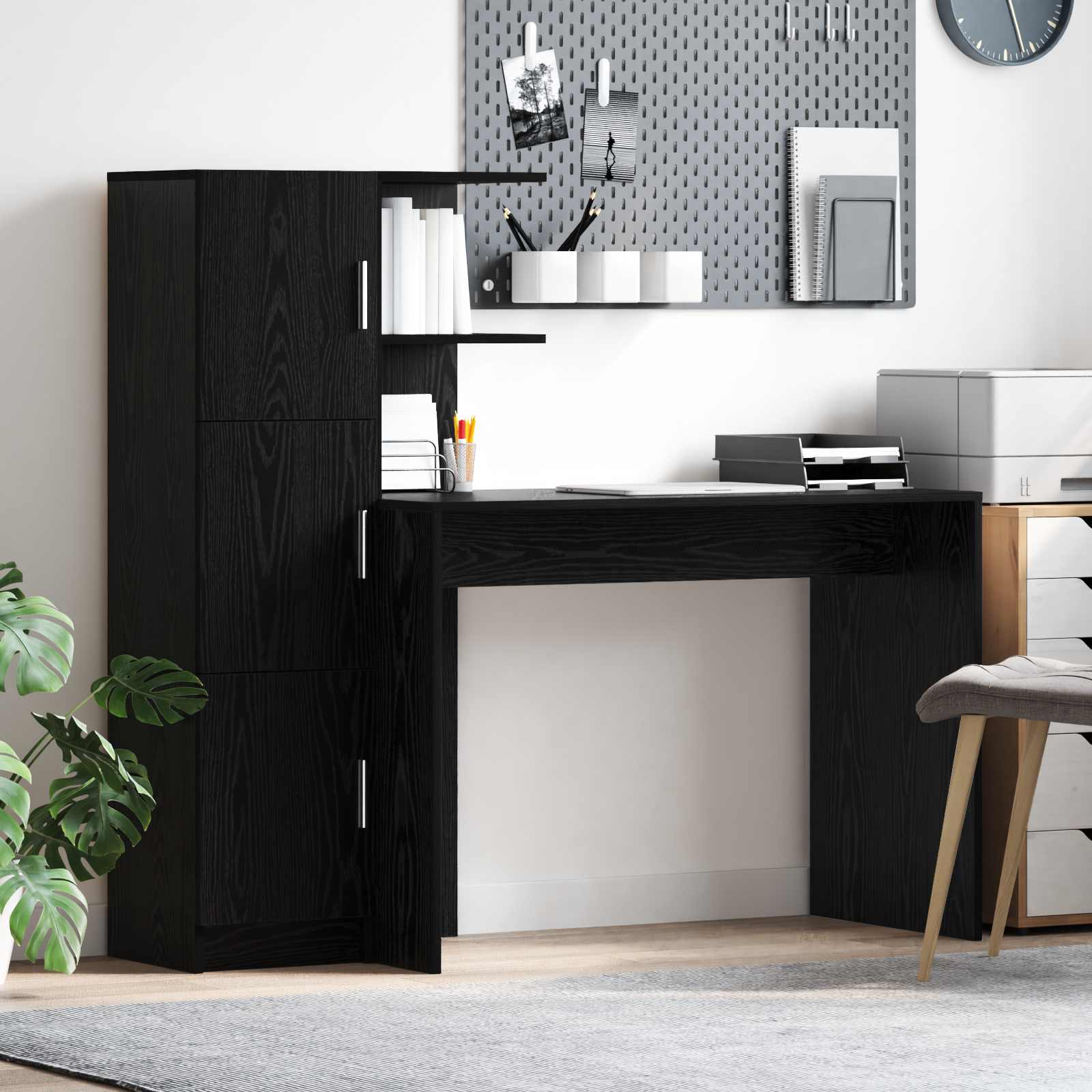 Skrivebord med skab og hylder - sort eg, 2 dele
