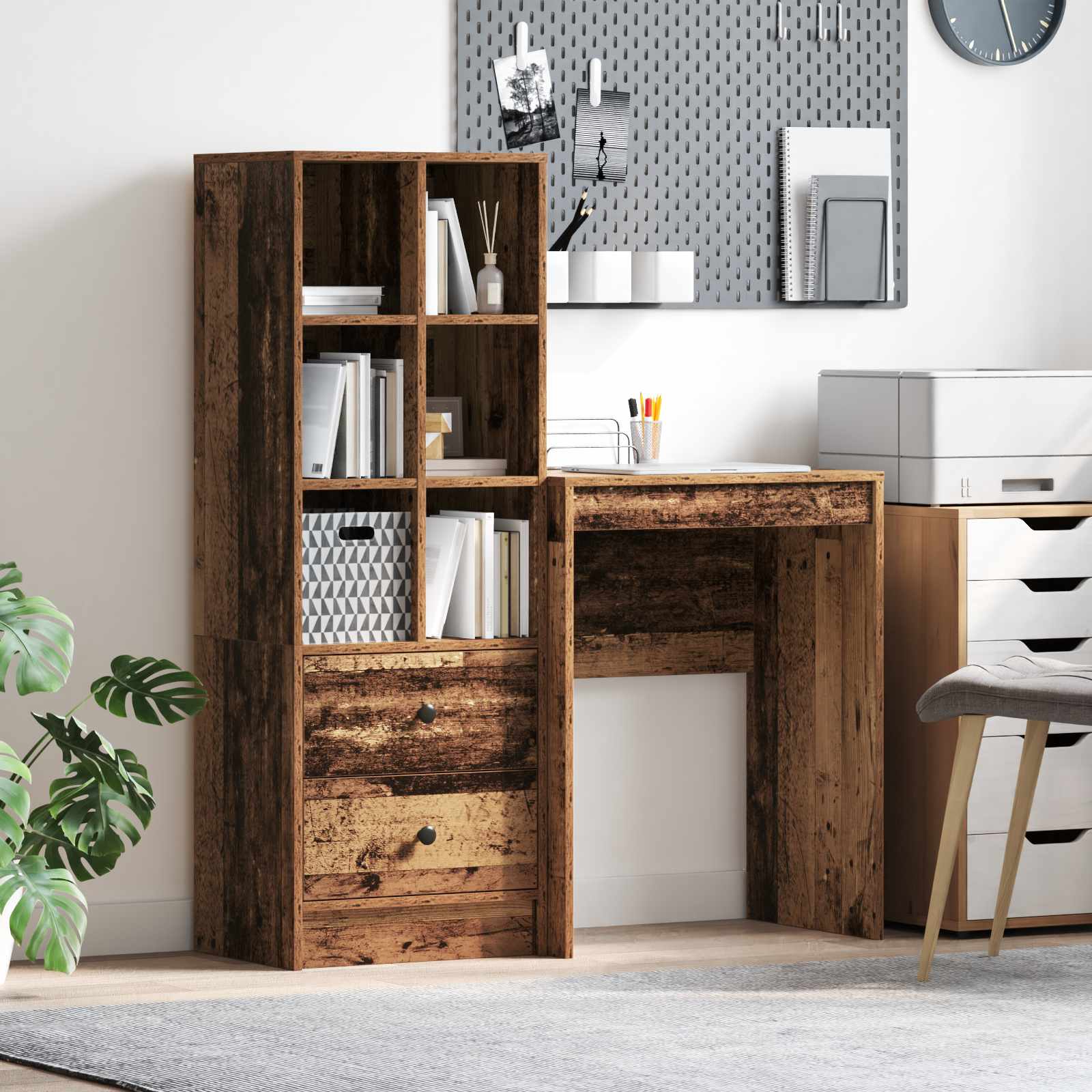 Skrivebord med hylder og 2 skuffer - gammelt træ look, 2-delt sæt