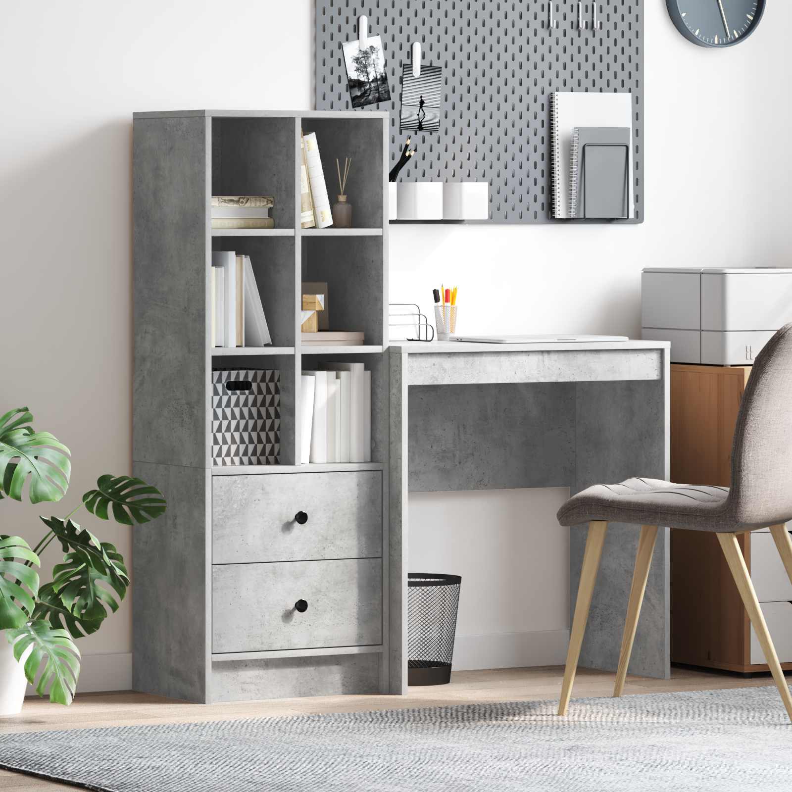 Skrivebord med hylder og 2 skuffer - beton grå (2-delt sæt)