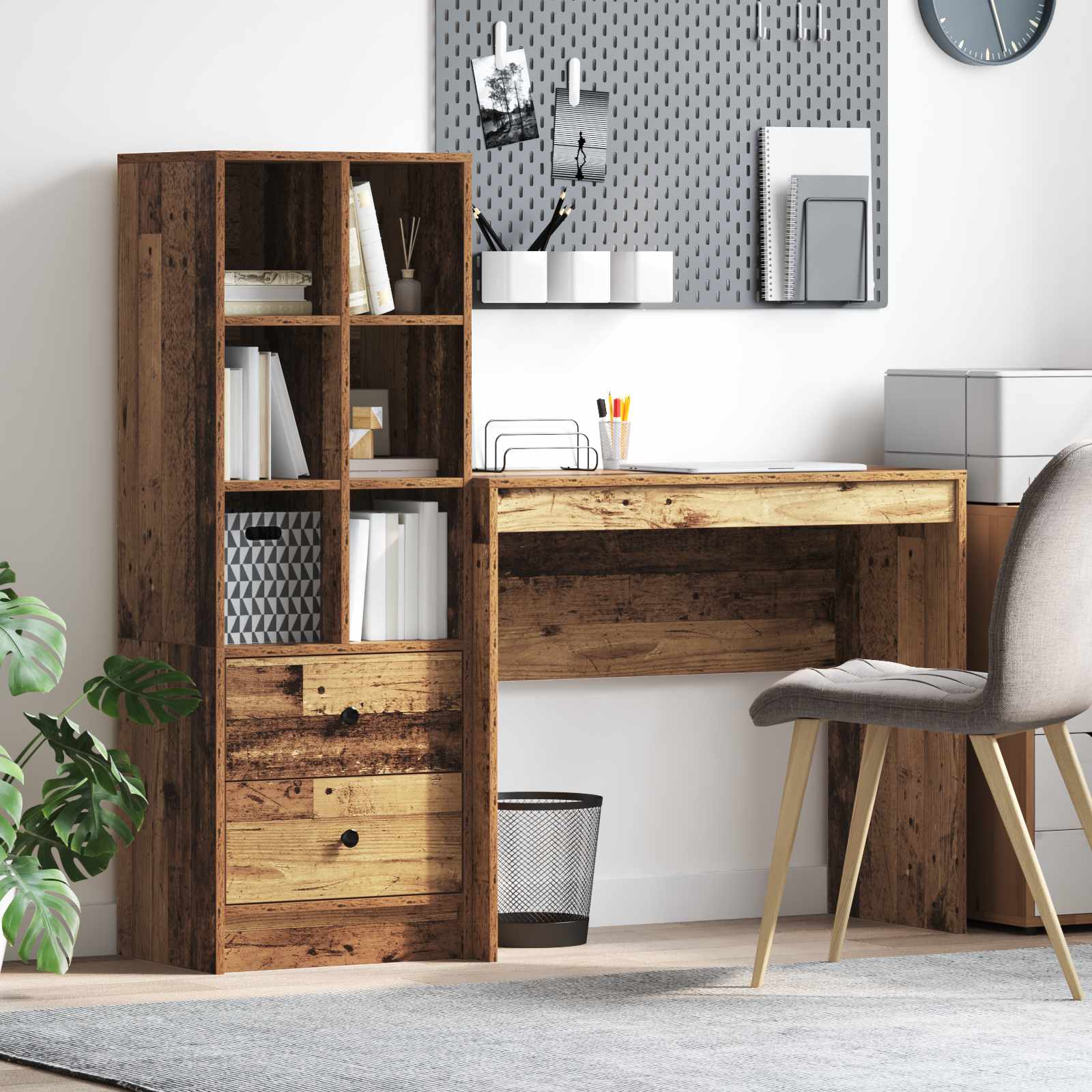 Skrivebord med hylder og 2 skuffer - gammelt træ look, 2-delt sæt