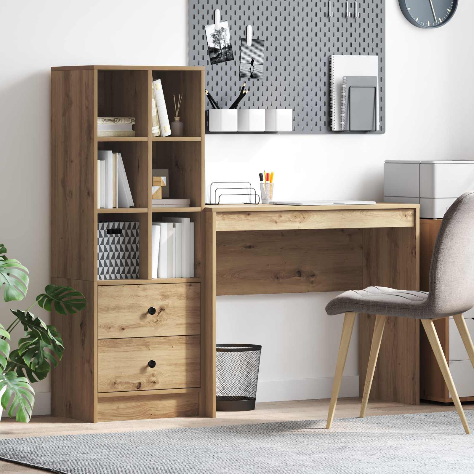 Skrivebord med hylder og 2 skuffer - Artisan egetræ, sæt med 2 dele