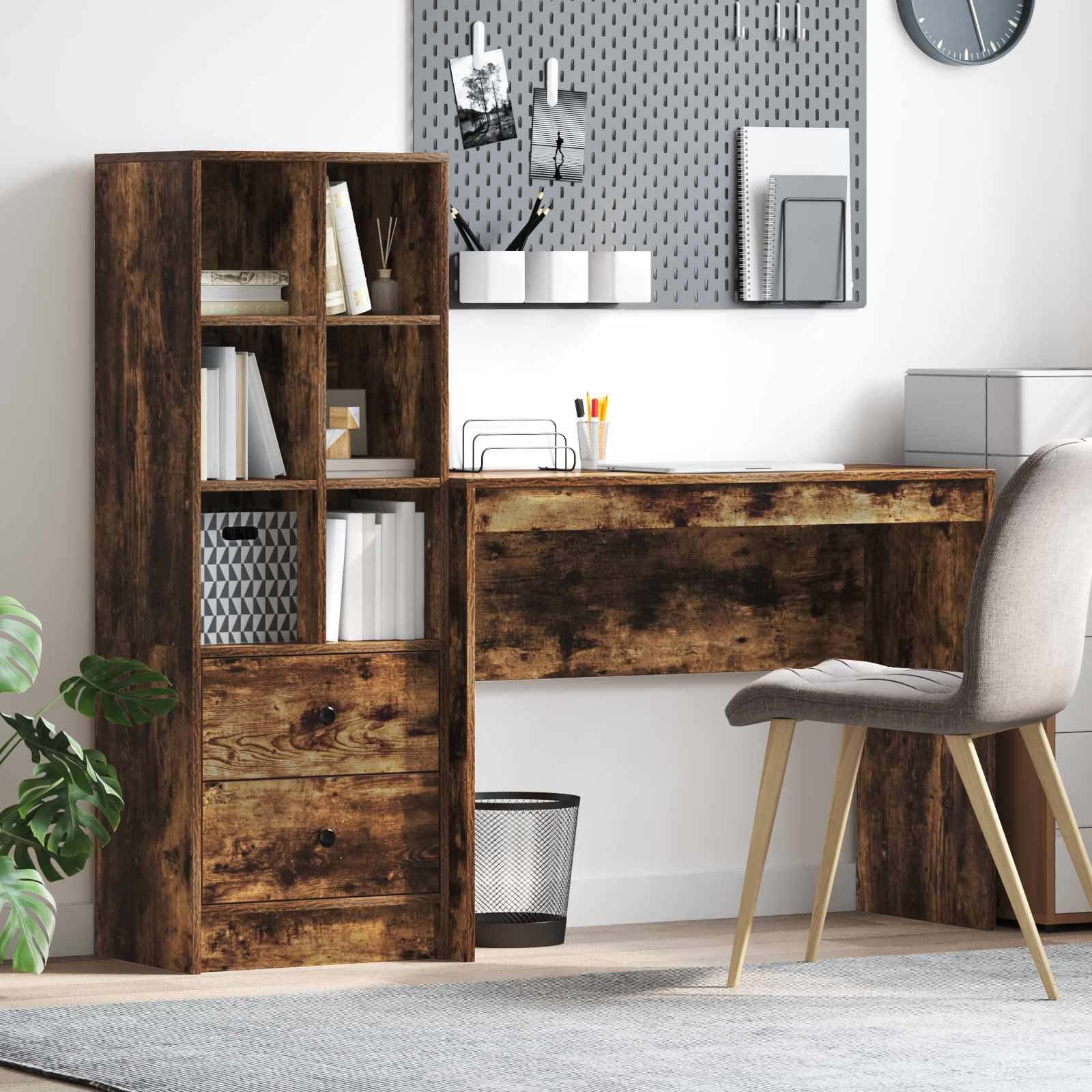 Skrivebord med reol og 2 skuffer - røget eg, 145,5 × 40 × 127 cm