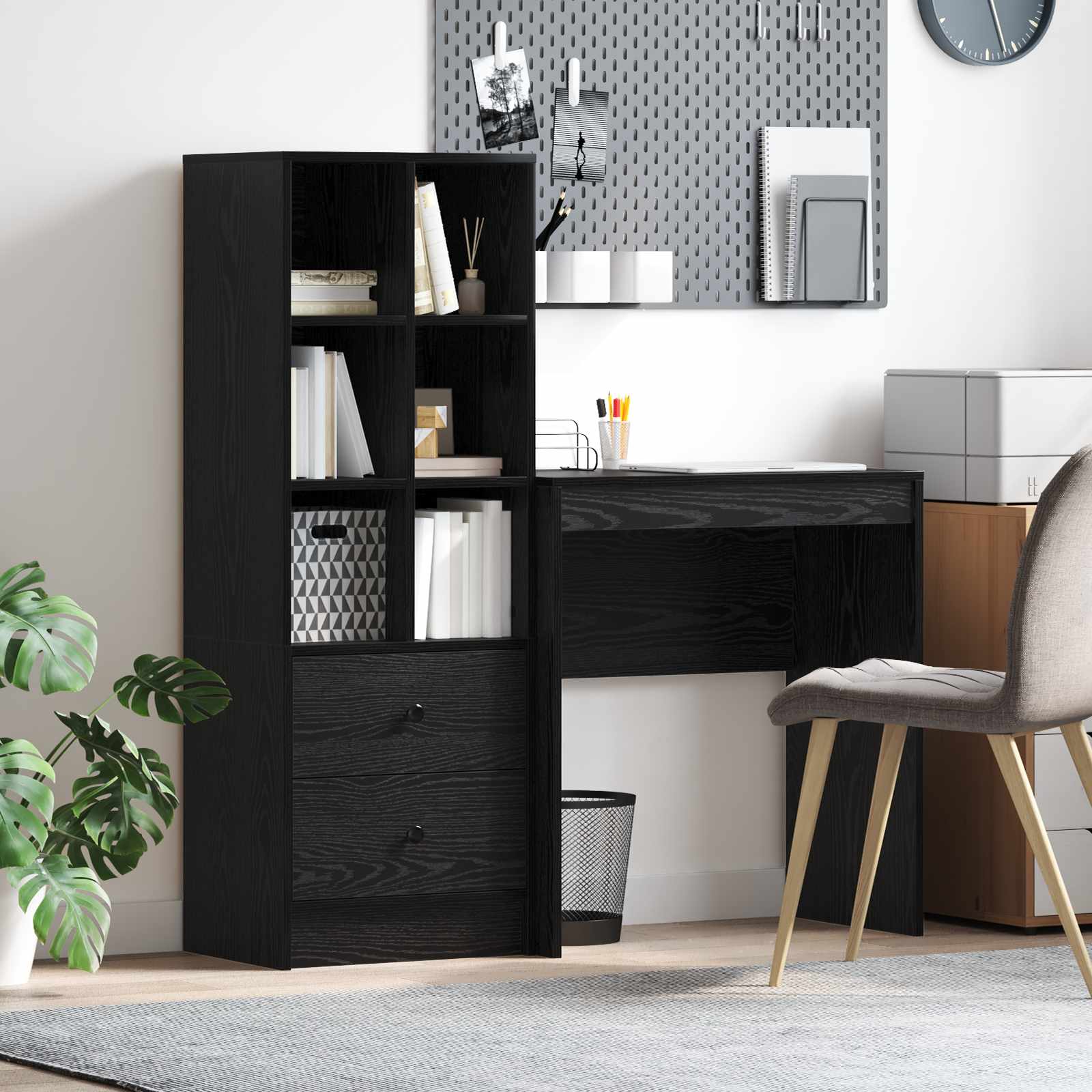 Skrivebord med reol og 2 skuffer - sort eg, 125,5 × 50 × 127 cm