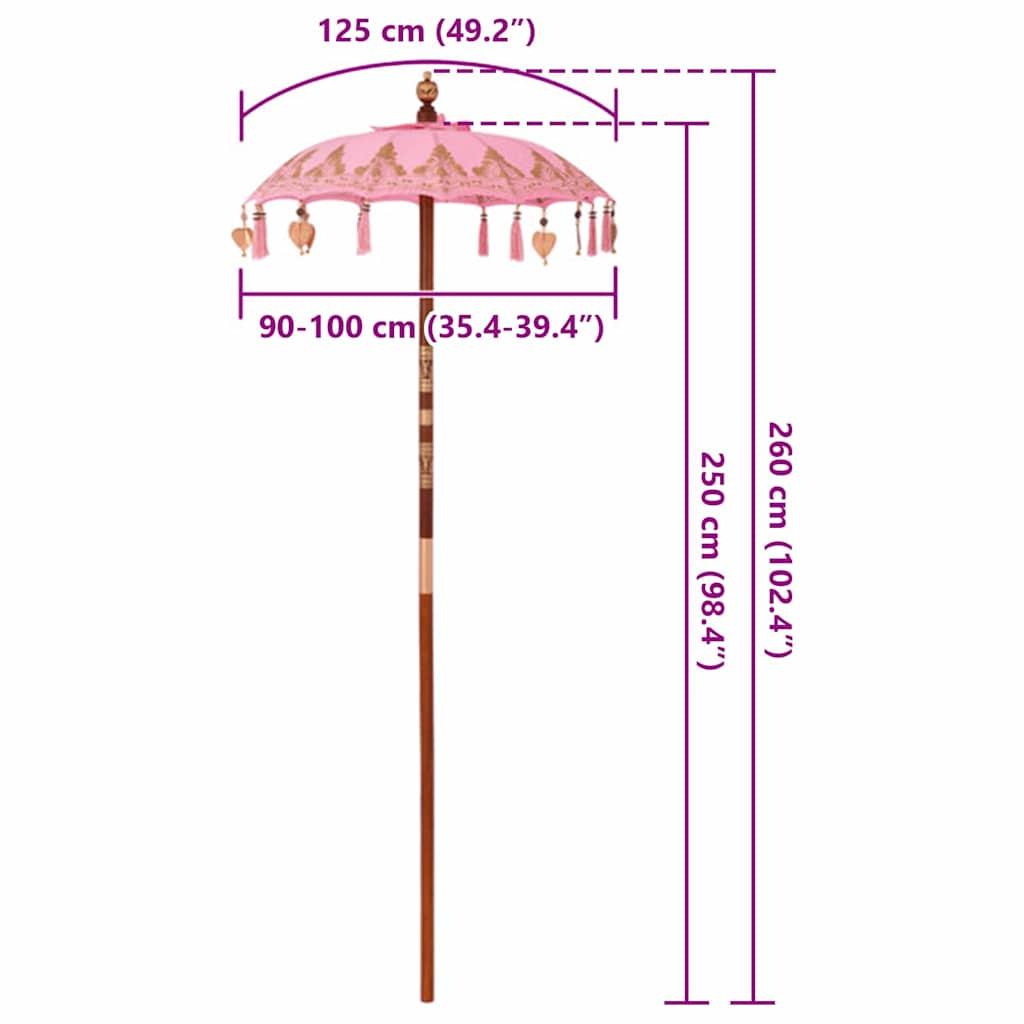 Balinesisk Parasol Lyserød 125 x 125 x 260 cm