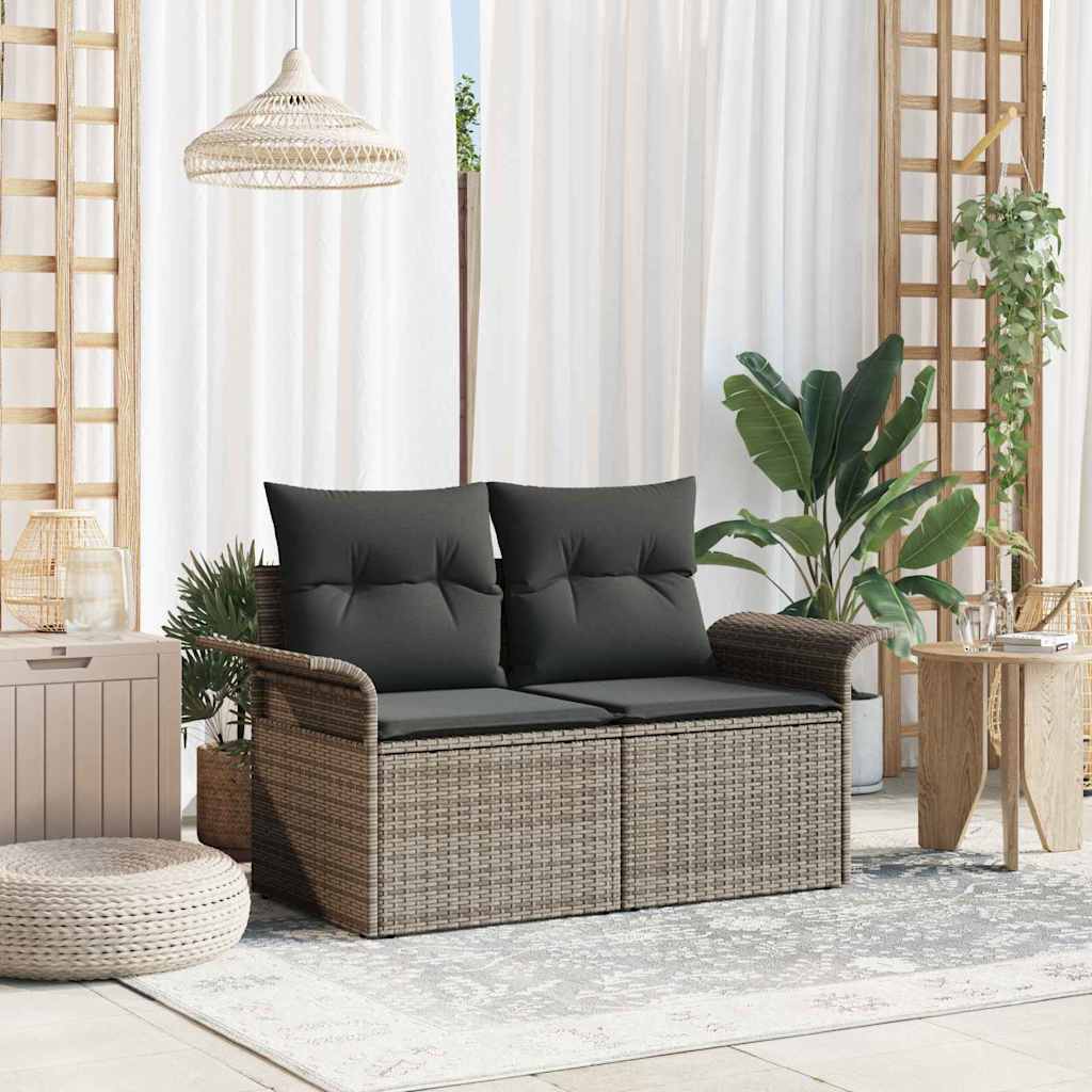 Havemøbelsofa i polyrattan med puder - grå, 141 × 62 × 69 cm