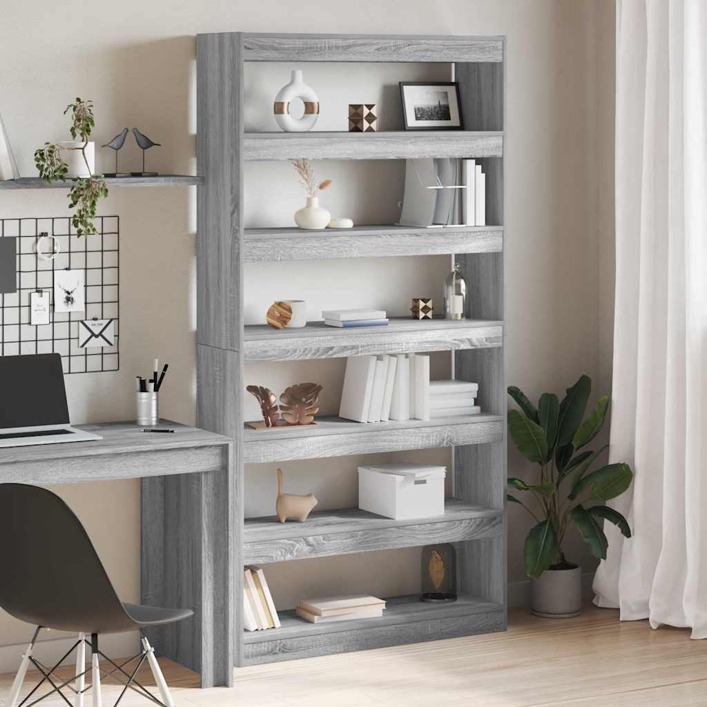 Bogskab/reol i grå sonoma - 100 × 30 × 198 cm, konstrueret træ, 6 hylder