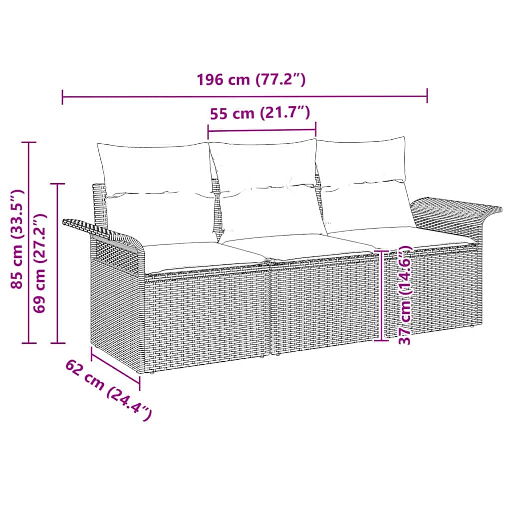 Sofa Sæt med pude 3 pcs Sort polyrattan