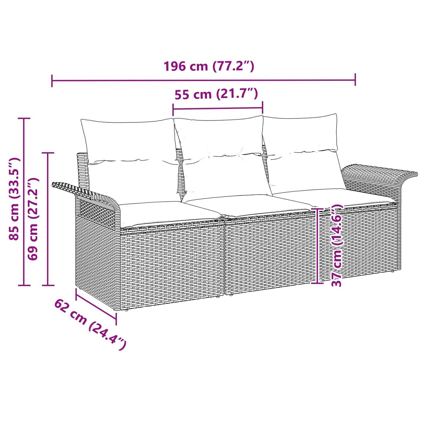 Sofa Sæt med pude 3 pcs Brun og Rød polyrattan