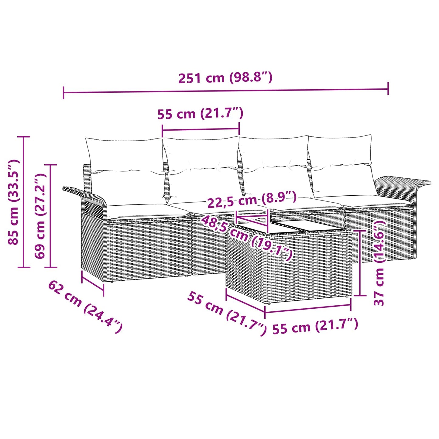 Sofa Sæt med pude 5 pcs Sort polyrattan