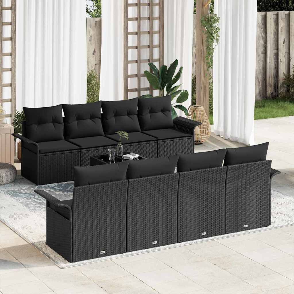 Havesofa Sæt med pude 9 pcs Sort polyrattan