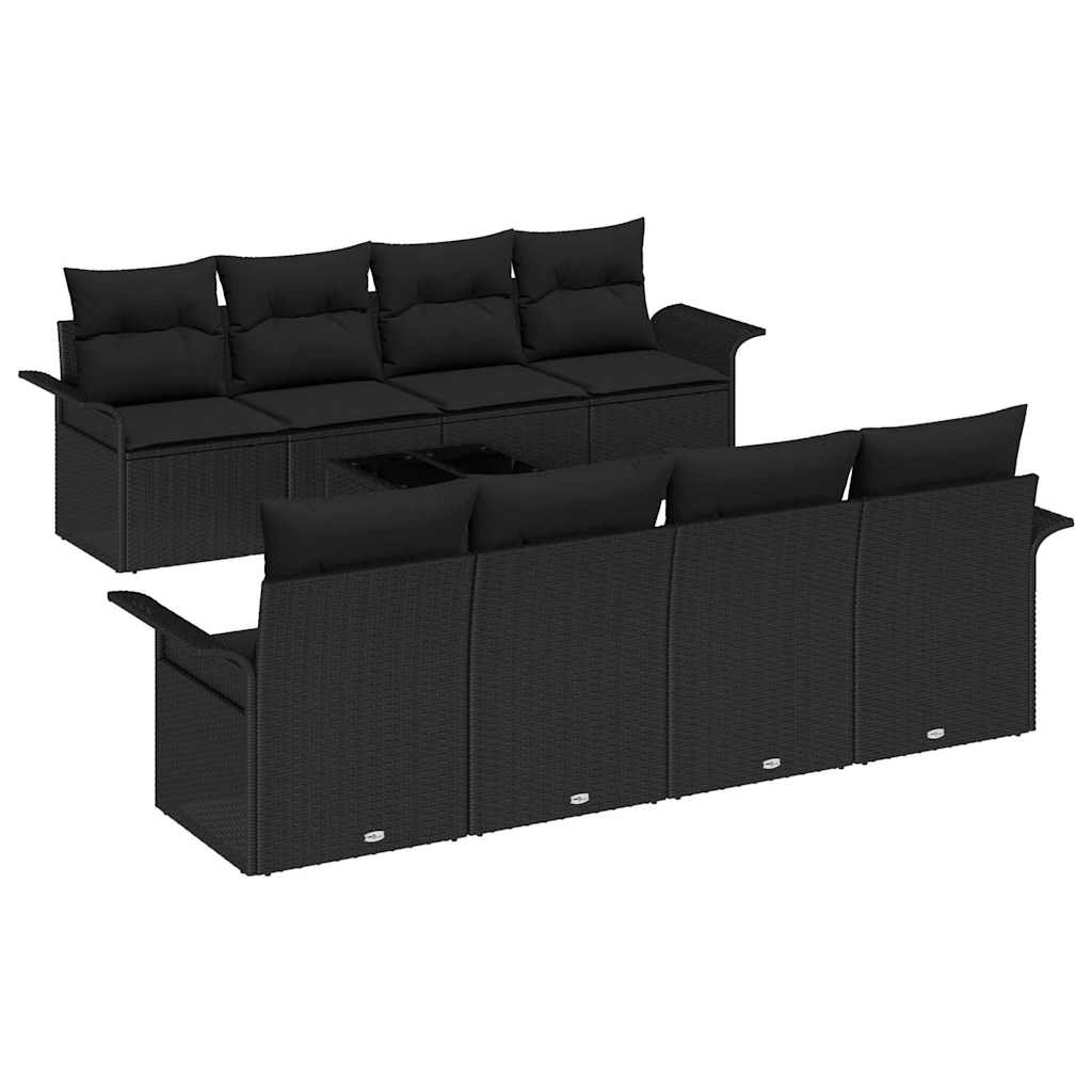 Havesofa Sæt med pude 9 pcs Sort polyrattan