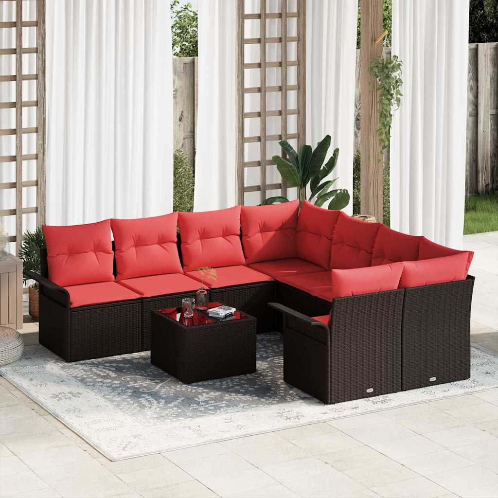 Havesofa Sæt med pude 9 pcs Brun og Rød polyrattan